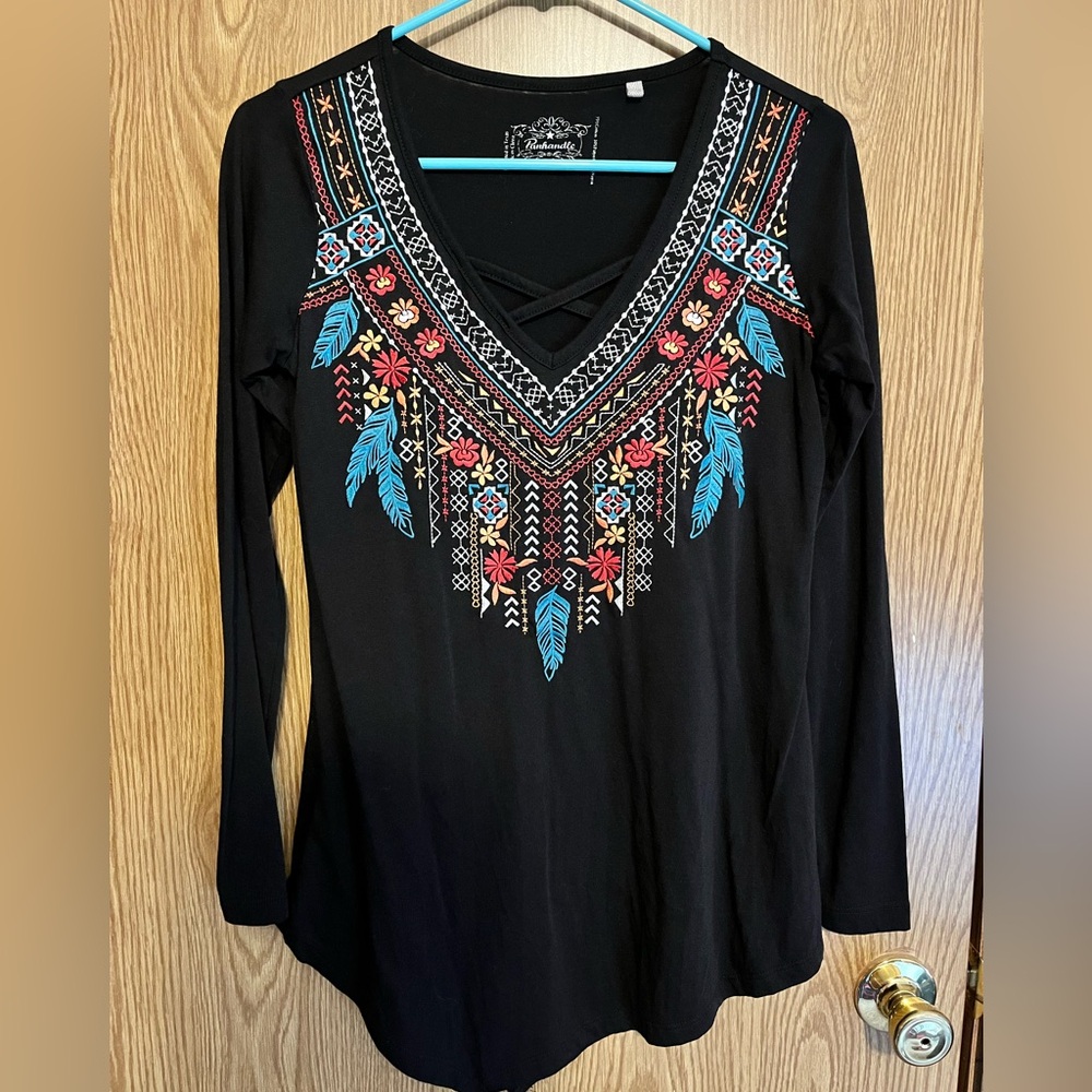 Black Long Sleeve Top with Colorful Embroidery